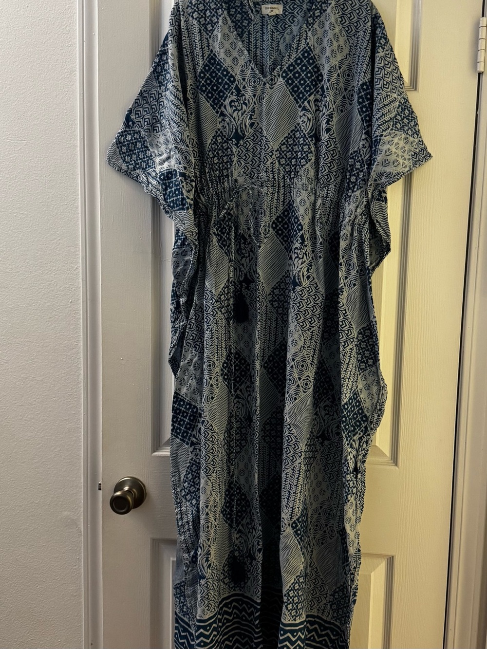 World Market Blue Boho Patchwork Print Kaftan Maxi Dress Coverup OSFM